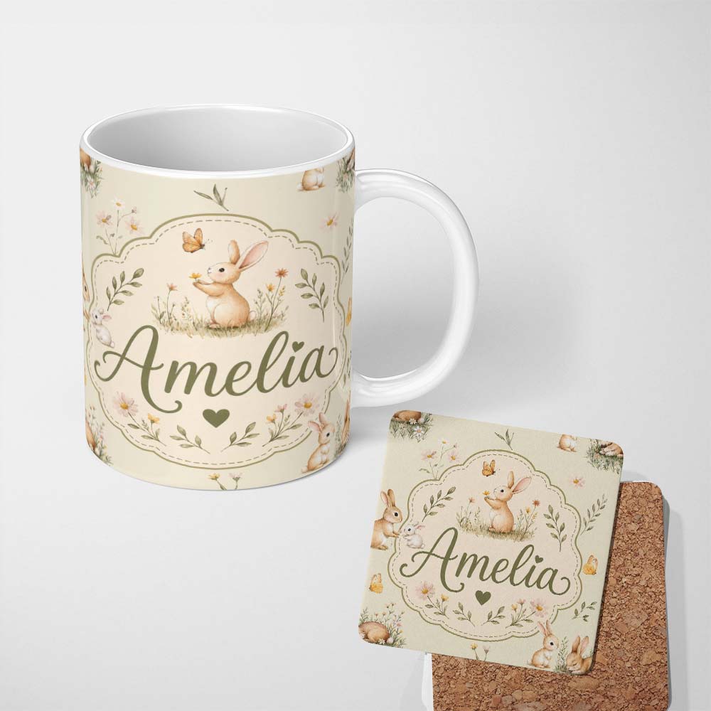 Personalized Custom Name Watercolor Cute Bunny Rabbits Butterflies Wildflowers on Cream 11oz Ceramic Coffee Tea Mug White Large Handle