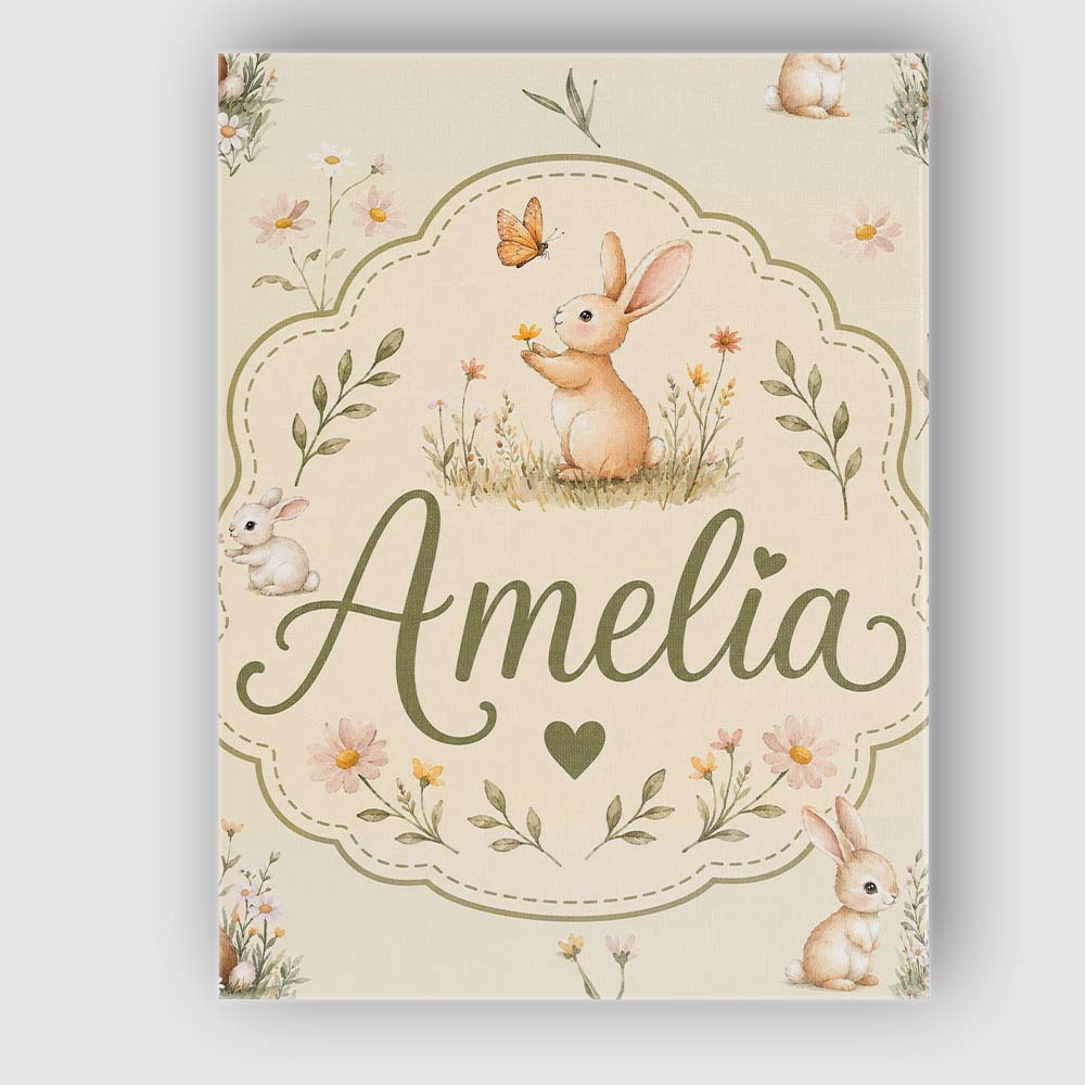 Personalised Name Watercolor Cute Bunny Custom  Modern Room Accent Elegant Feature Canvas Wall Art Print Decor Picture Ready to Hang