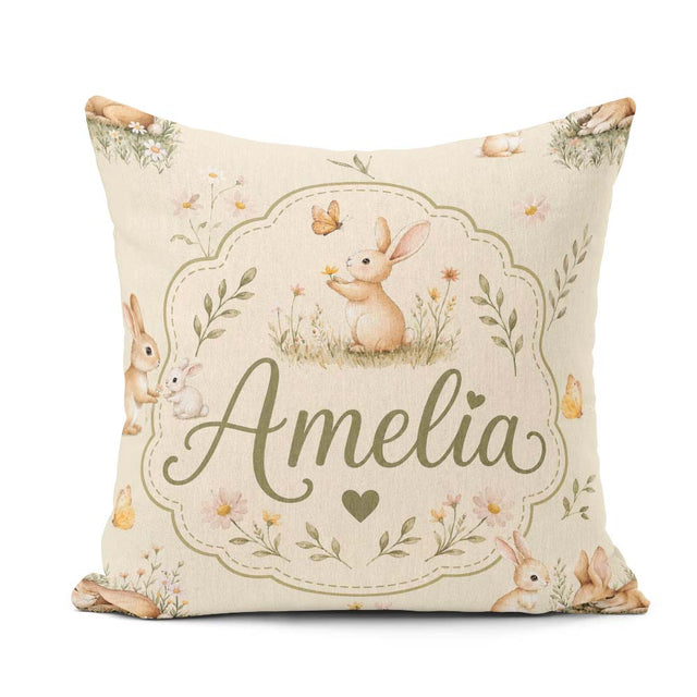 Custom Name Cute Bunny Rabbits Butterflies Wildflowers on Cream Square Filled Cushion Throw Pillow Sofa Bed Home Decor Zip Washable UK Made