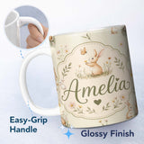 Personalized Custom Name Watercolor Cute Bunny Rabbits Butterflies Wildflowers on Cream 11oz Ceramic Coffee Tea Mug White Large Handle