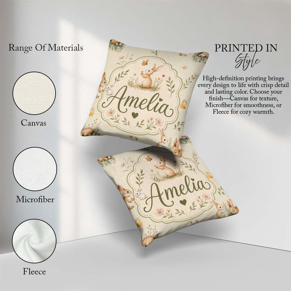 Custom Name Cute Bunny Rabbits Butterflies Wildflowers on Cream Square Filled Cushion Throw Pillow Sofa Bed Home Decor Zip Washable UK Made