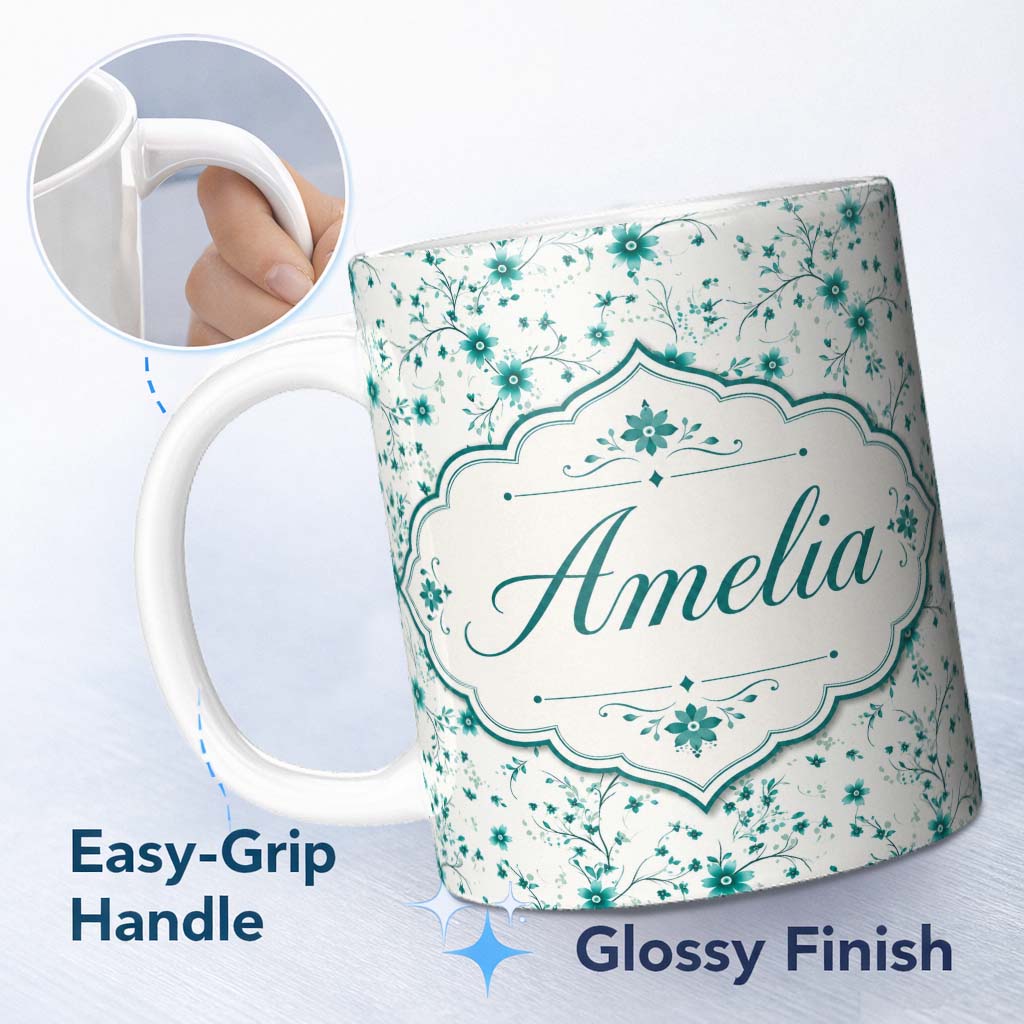 Personalized Custom Name Teal Daisy Flower Pattern with Fine Botanical Stems Seamless Design 11oz Ceramic Coffee Tea Mug White Large Handle