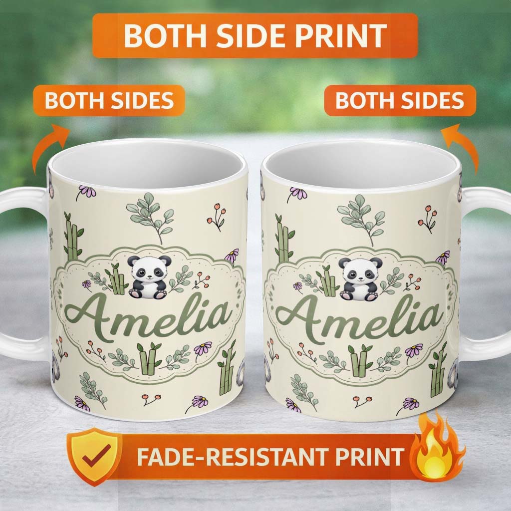 Personalized Custom Name Panda Bamboo and Floral Minimal on Neutral Beige Background Lovely 11oz Ceramic Coffee Tea Mug White Large Handle
