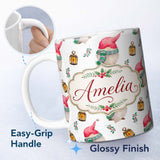 Personalized Custom Name Cute Christmas Gnome Lantern Winter Holiday Seamless Pattern Lovely 11oz Ceramic Coffee Tea Mug White Large Handle