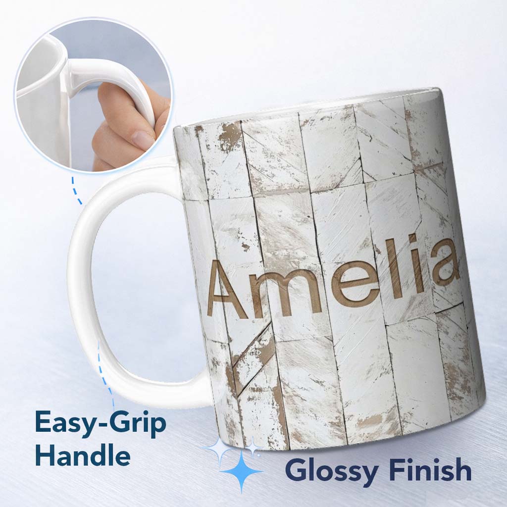Personalized Custom Name Distressed White Wood Herringbone Rustic Texture Seamless Pattern 11oz Ceramic Coffee Tea Mug White Large Handle