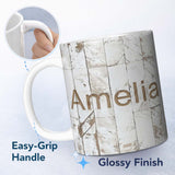 Personalized Custom Name Distressed White Wood Herringbone Rustic Texture Seamless Pattern 11oz Ceramic Coffee Tea Mug White Large Handle
