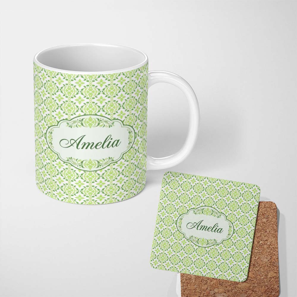 Personalized Custom Name Green Retro Geometric Tile Seamless Pattern Charming Kitchen Decor 11oz Ceramic Coffee Tea Mug White Large Handle