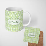 Personalized Custom Name Green Retro Geometric Tile Seamless Pattern Charming Kitchen Decor 11oz Ceramic Coffee Tea Mug White Large Handle
