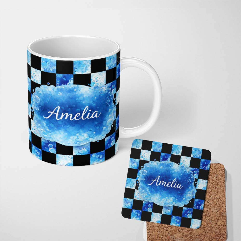 Personalized Custom Name Abstract Blue Bubble Checkered Seamless Pattern Stylish Everyday Mug 11oz Ceramic Coffee Tea Mug White Large Handle