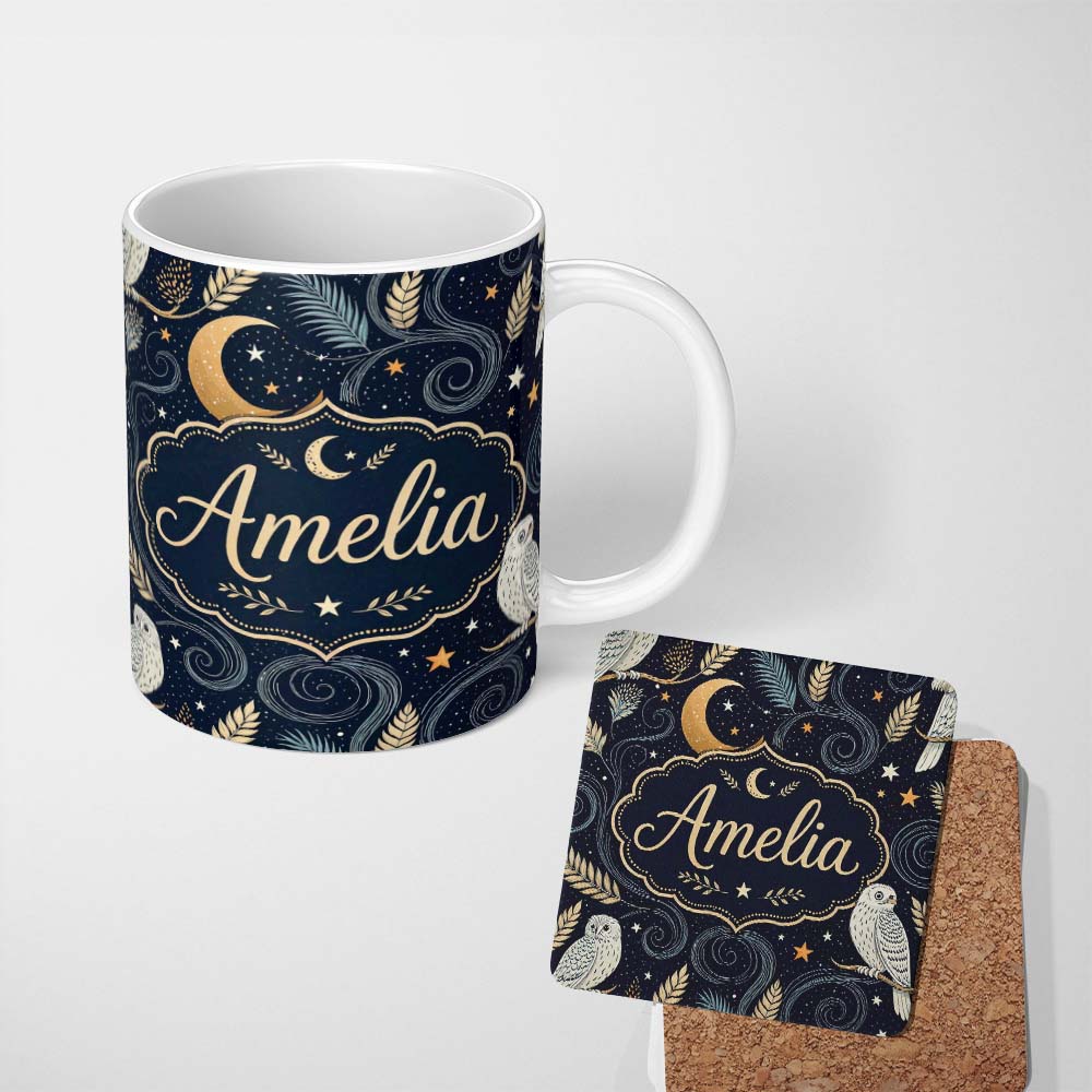Personalized Custom Name Moon Floral Night Sky Botanical Seamless Pattern Cute Unique Gift 11oz Ceramic Coffee Tea Mug White Large Handle