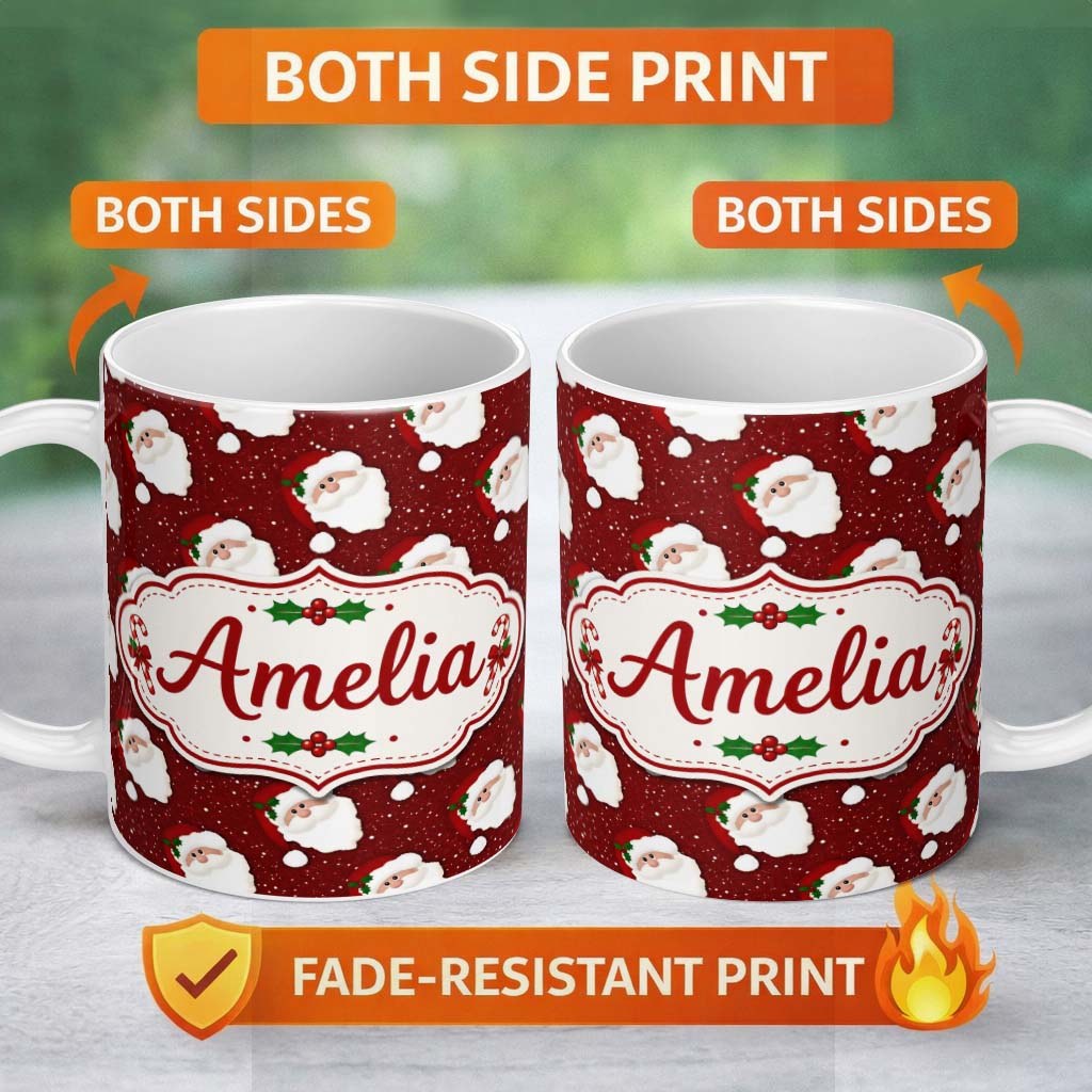 Personalized Custom Name Santa Face Red Snow Background Christmas Seamless Pattern Lovely 11oz Ceramic Coffee Tea Mug White Large Handle