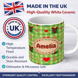 Personalized Custom Name Cute Christmas Tree Gift Heart Plaid Seamless Pattern Festive Lovely 11oz Ceramic Coffee Tea Mug White Large Handle