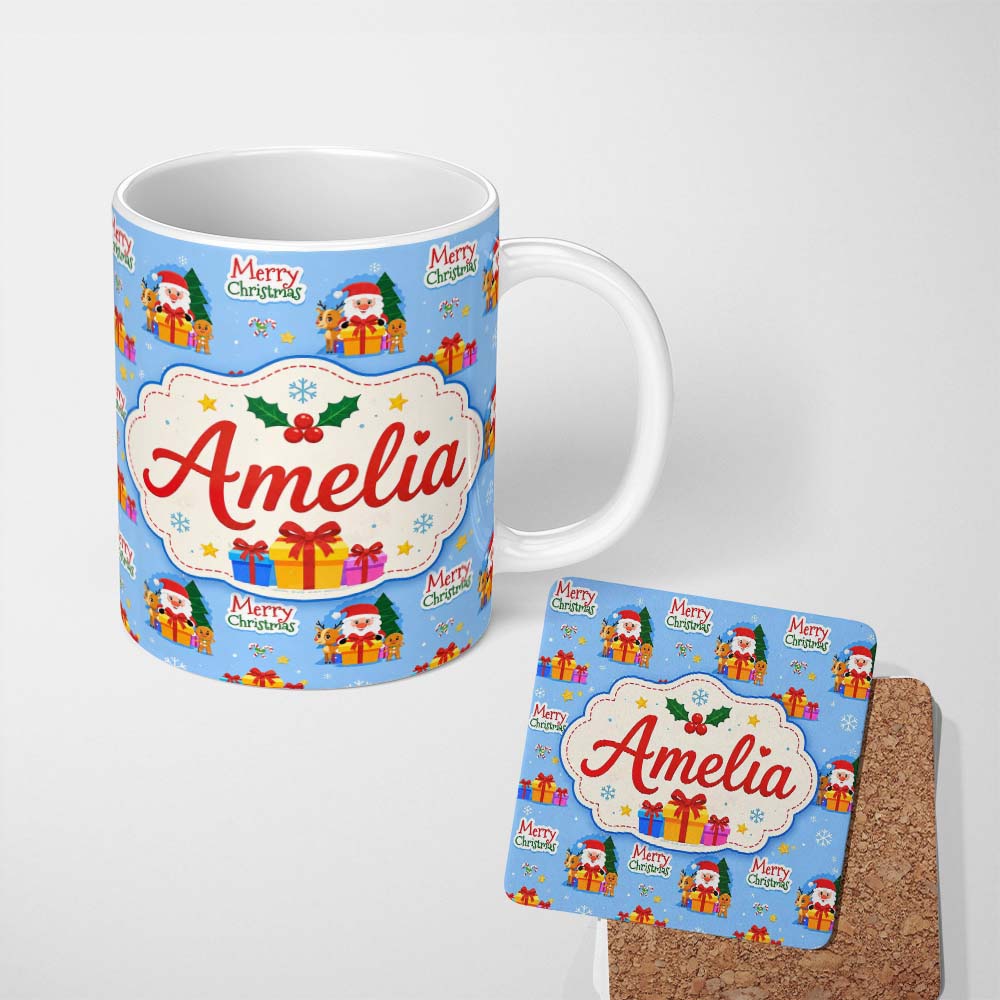 Personalized Custom Name Cute Santa Reindeer Gingerbread Merry Christmas Seamless Pattern 11oz Ceramic Coffee Tea Mug White Large Handle