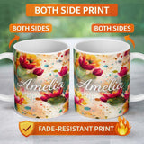 Personalized Custom Name Bright Watercolor Cactus Flower Abstract Seamless Pattern Lovely 11oz Ceramic Coffee Tea Mug White Large Handle