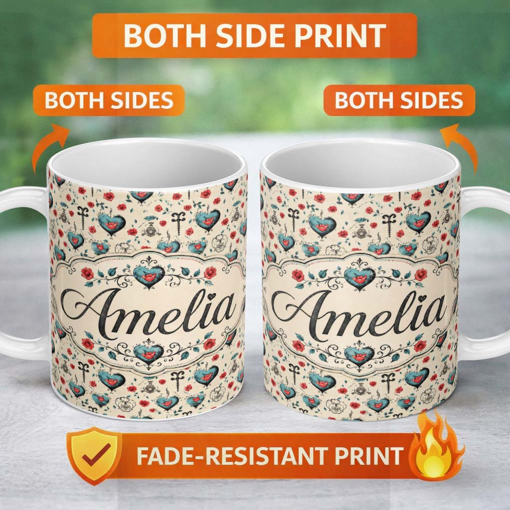 Personalized Custom Name Blue Heart Rose and Key Motif Seamless Pattern Cute Unique Gift 11oz Ceramic Coffee Tea Mug White Large Handle