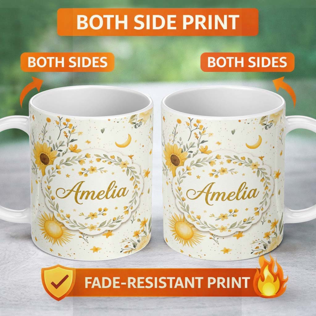 Personalized Custom Name Yellow Sunflowers with Soft Botanical Background Seamless Pattern 11oz Ceramic Coffee Tea Mug White Large Handle