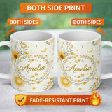 Personalized Custom Name Yellow Sunflowers with Soft Botanical Background Seamless Pattern 11oz Ceramic Coffee Tea Mug White Large Handle