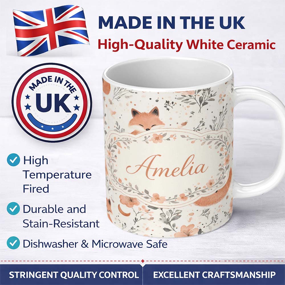 Personalized Custom Name Cute Fox Floral Seamless Pattern Thoughtful Gift Idea Lovely 11oz Ceramic Coffee Tea Mug White Large Handle