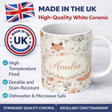 Personalized Custom Name Cute Fox Floral Seamless Pattern Thoughtful Gift Idea Lovely 11oz Ceramic Coffee Tea Mug White Large Handle