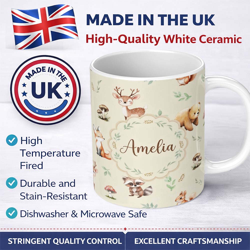 Personalized Custom Name Forest Animals Bear Deer Fox Owl Raccoon on Warm Beige Seamless 11oz Ceramic Coffee Tea Mug White Large Handle