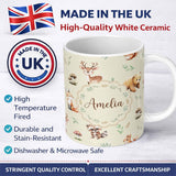 Personalized Custom Name Forest Animals Bear Deer Fox Owl Raccoon on Warm Beige Seamless 11oz Ceramic Coffee Tea Mug White Large Handle