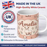 Personalized Custom Name Cute Alpaca Llama Farm Animals Floral Seamless Pattern Peach Lovely 11oz Ceramic Coffee Tea Mug White Large Handle