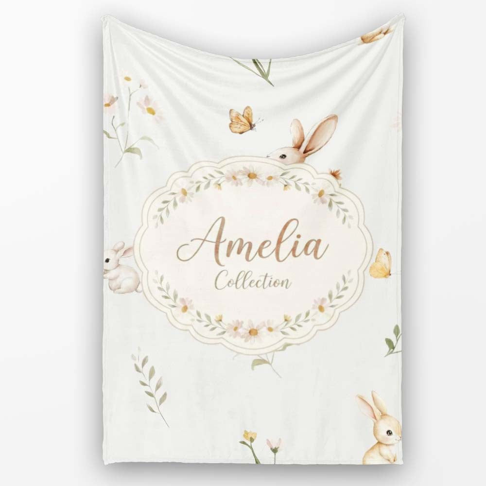 Watercolor Bunny Rabbits Butterflies Wildflowers on Soft Grey  Personalised Custom Name Super Soft Fleece Blanket Bed Sofa Throw