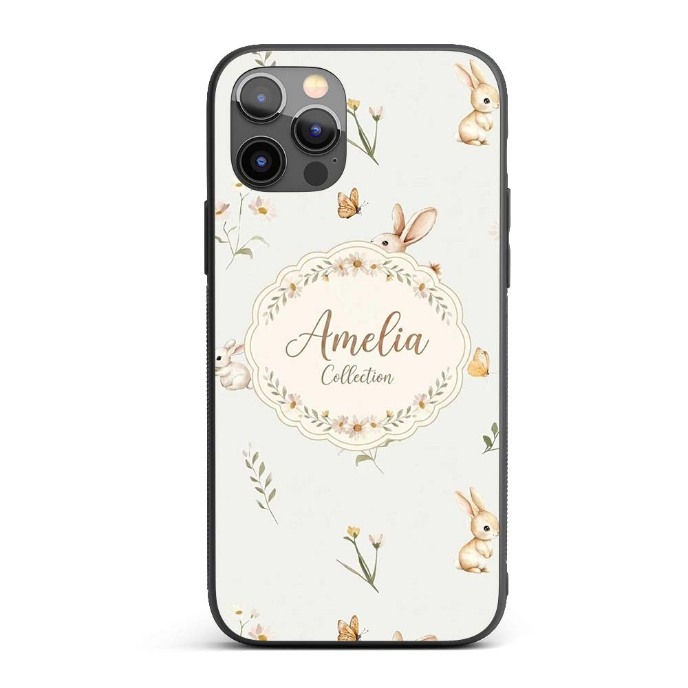 Watercolor Bunny Rabbits Butterflies Wildflowers Custom Name Protective Phone Case Mobile Cover Durable Everyday Smartphone Shock Resistant
