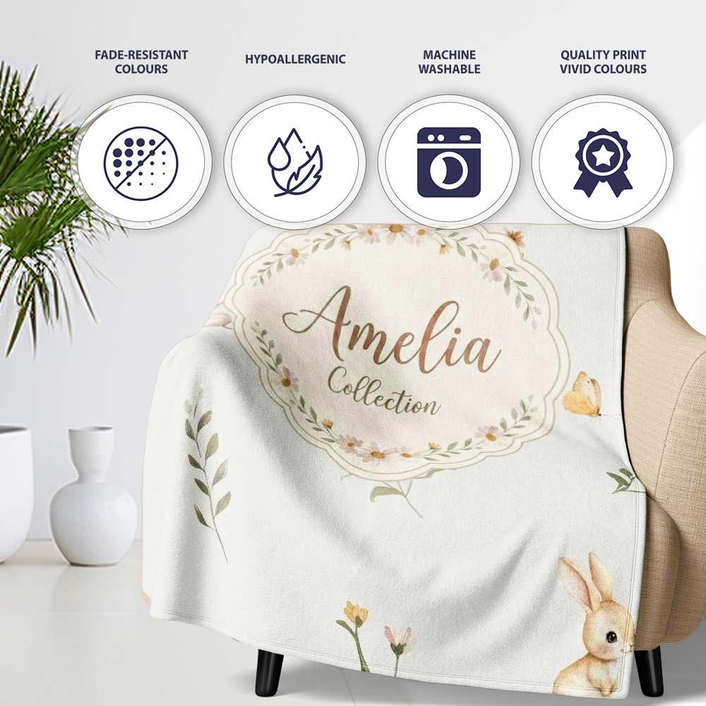 Watercolor Bunny Rabbits Butterflies Wildflowers on Soft Grey  Personalised Custom Name Super Soft Fleece Blanket Bed Sofa Throw
