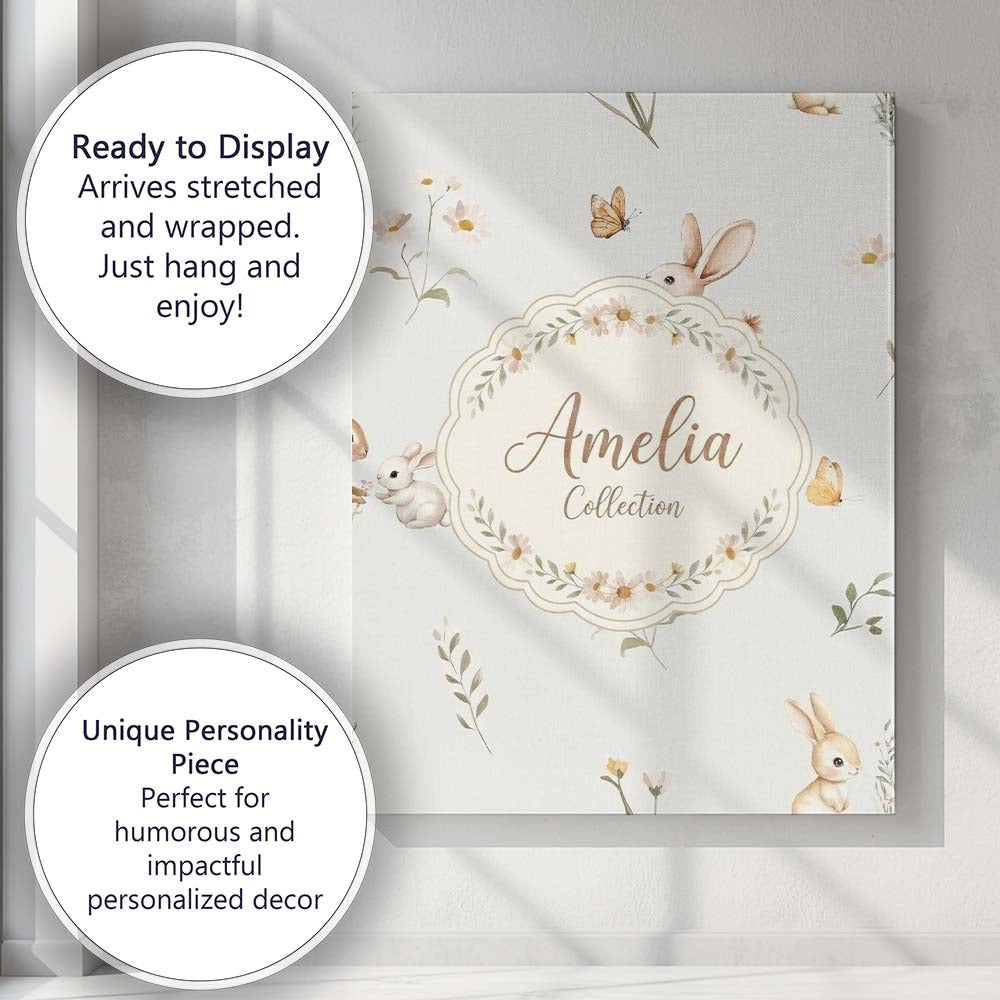 Personalised Name Watercolor Bunny Rabbits Custom  Unique Gift Idea Elegant Feature Canvas Wall Art Print Decor Picture Ready to Hang