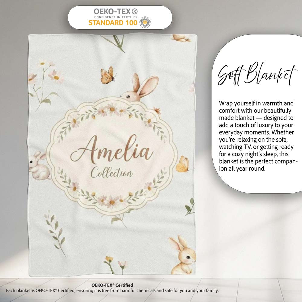 Watercolor Bunny Rabbits Butterflies Wildflowers on Soft Grey  Personalised Custom Name Super Soft Fleece Blanket Bed Sofa Throw