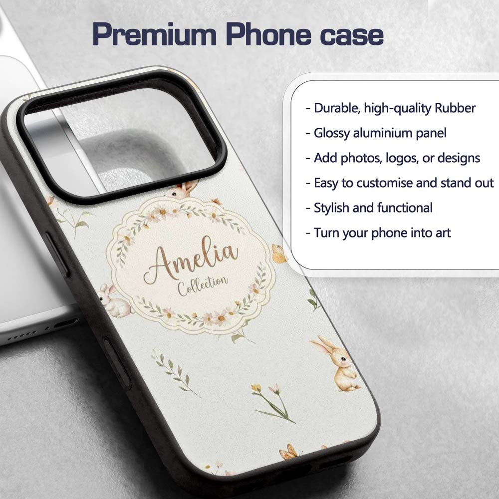 Watercolor Bunny Rabbits Butterflies Wildflowers Custom Name Protective Phone Case Mobile Cover Durable Everyday Smartphone Shock Resistant