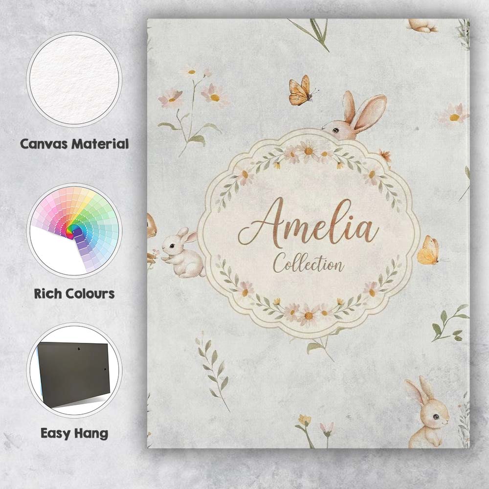 Personalised Name Watercolor Bunny Rabbits Custom  Unique Gift Idea Elegant Feature Canvas Wall Art Print Decor Picture Ready to Hang