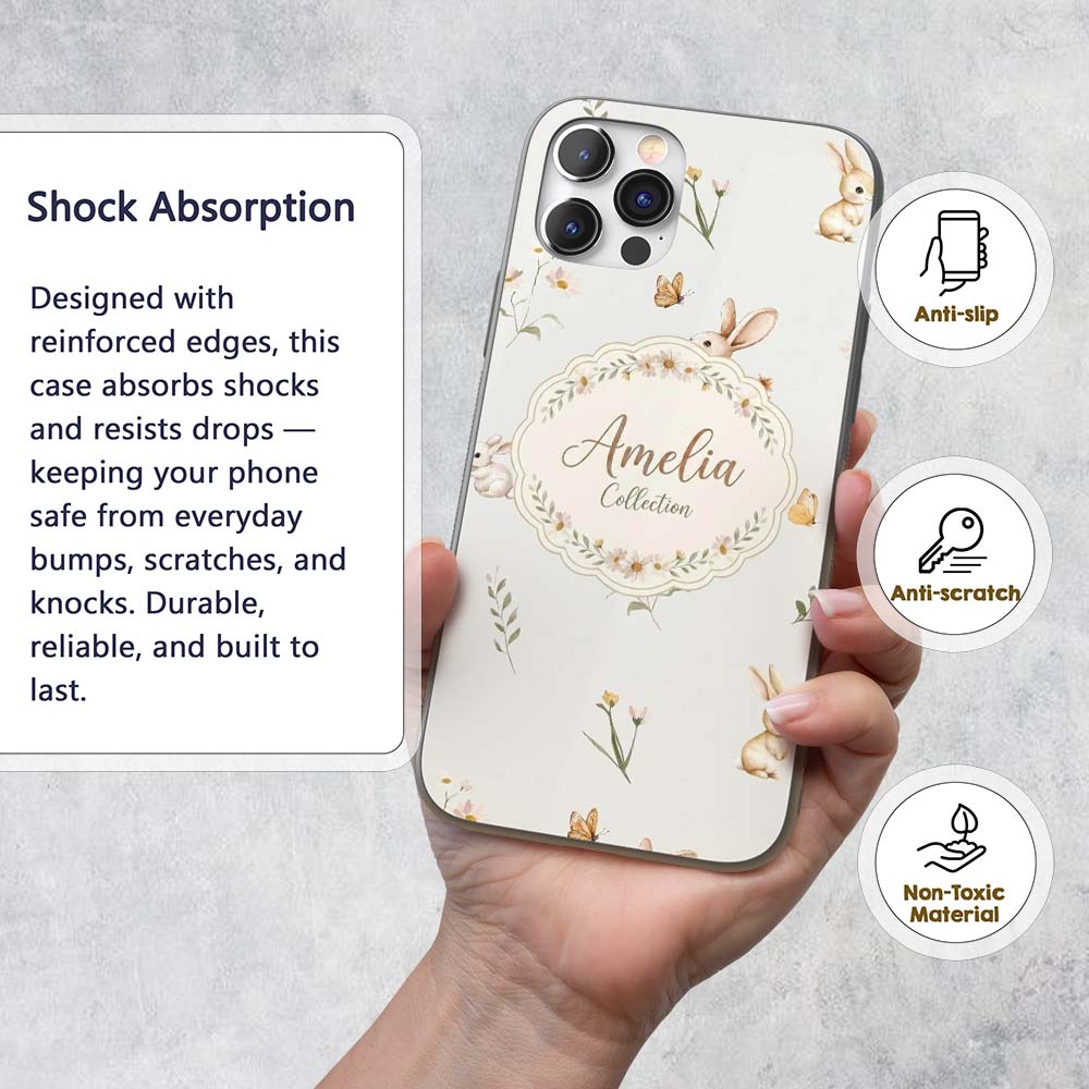 Watercolor Bunny Rabbits Butterflies Wildflowers Custom Name Protective Phone Case Mobile Cover Durable Everyday Smartphone Shock Resistant