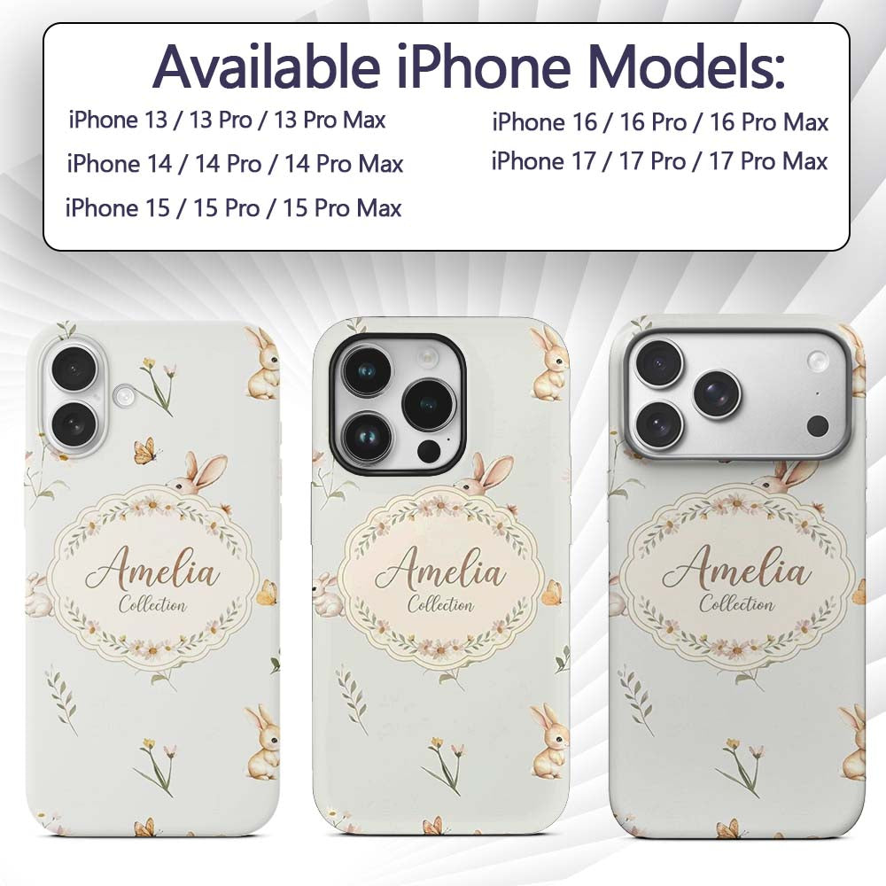 Watercolor Bunny Rabbits Butterflies Wildflowers Custom Name Protective Phone Case Mobile Cover Durable Everyday Smartphone Shock Resistant