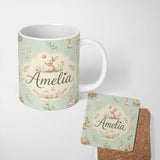 Personalized Custom Name Watercolor Bunny Butterfly Floral Meadow Soft Sage Pattern Name Cute 11oz Ceramic Coffee Tea Mug White Large Handle