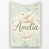 Watercolor Bunny Butterfly Floral Meadow Soft Sage Pattern Name Cute  Personalised Custom Name Super Soft Fleece Blanket Bed Sofa Throw