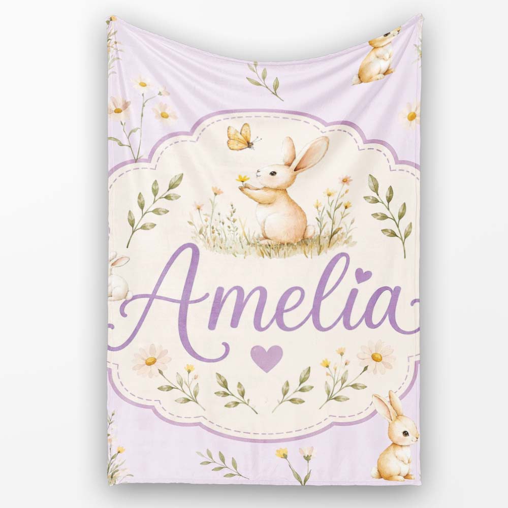 Watercolor Bunny Butterfly Floral Meadow Pale Lilac Pattern Name  Personalised Custom Name Super Soft Fleece Blanket Bed Sofa Throw