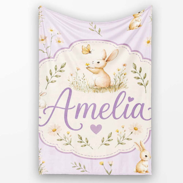 Watercolor Bunny Butterfly Floral Meadow Pale Lilac Pattern Name  Personalised Custom Name Super Soft Fleece Blanket Bed Sofa Throw