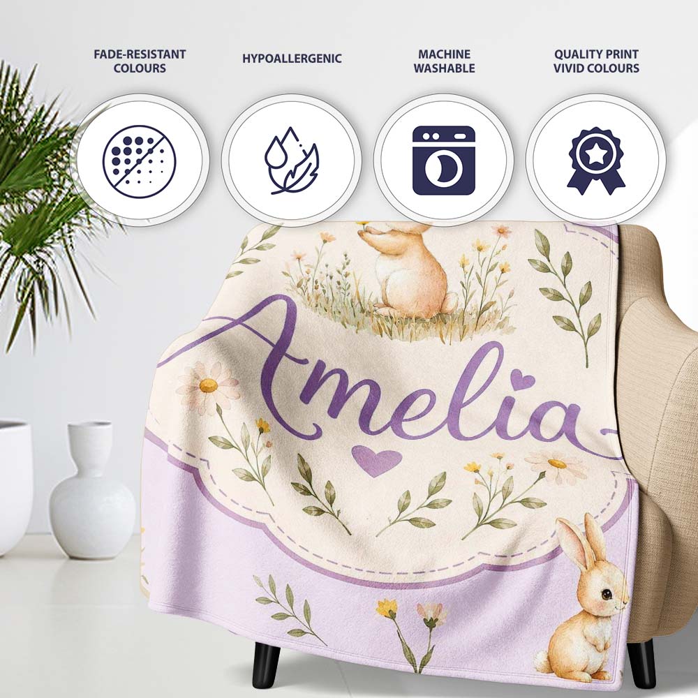 Watercolor Bunny Butterfly Floral Meadow Pale Lilac Pattern Name  Personalised Custom Name Super Soft Fleece Blanket Bed Sofa Throw