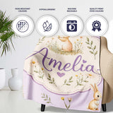 Watercolor Bunny Butterfly Floral Meadow Pale Lilac Pattern Name  Personalised Custom Name Super Soft Fleece Blanket Bed Sofa Throw