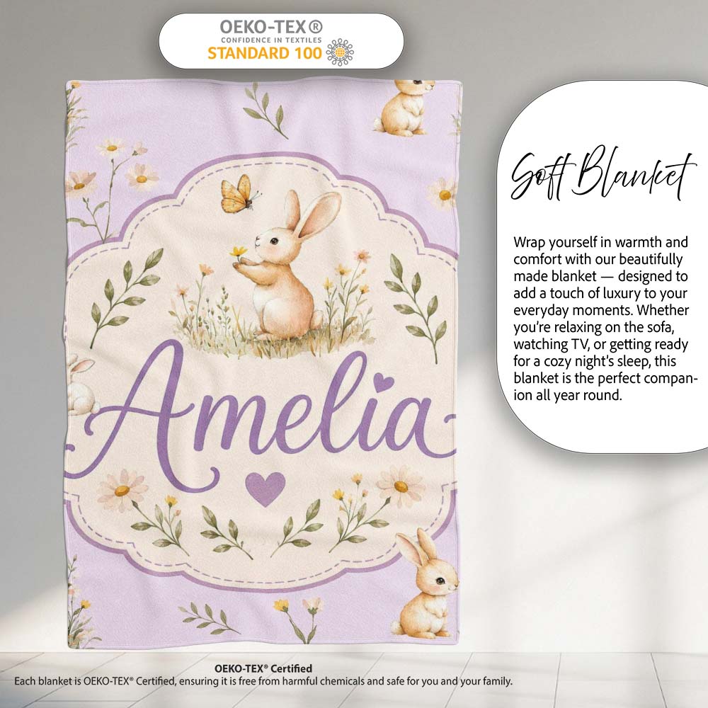 Watercolor Bunny Butterfly Floral Meadow Pale Lilac Pattern Name  Personalised Custom Name Super Soft Fleece Blanket Bed Sofa Throw