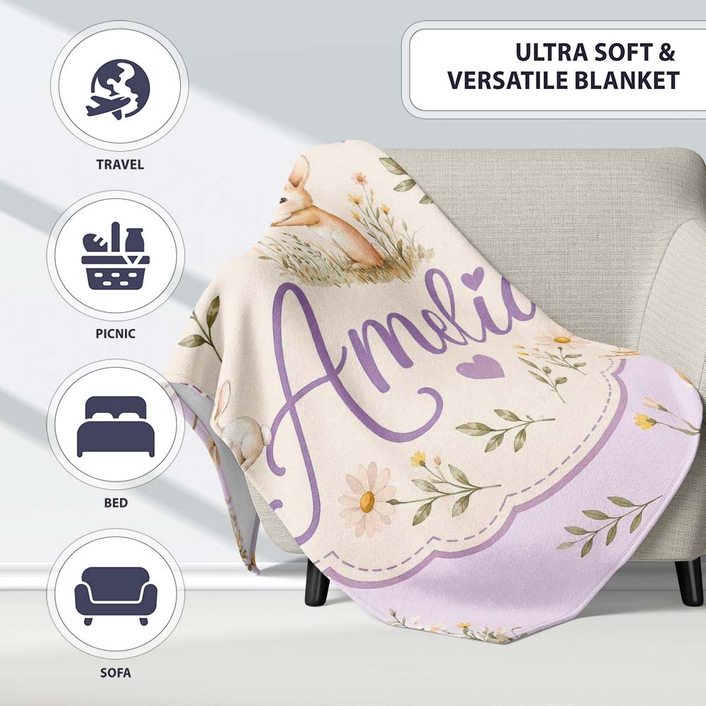 Watercolor Bunny Butterfly Floral Meadow Pale Lilac Pattern Name  Personalised Custom Name Super Soft Fleece Blanket Bed Sofa Throw