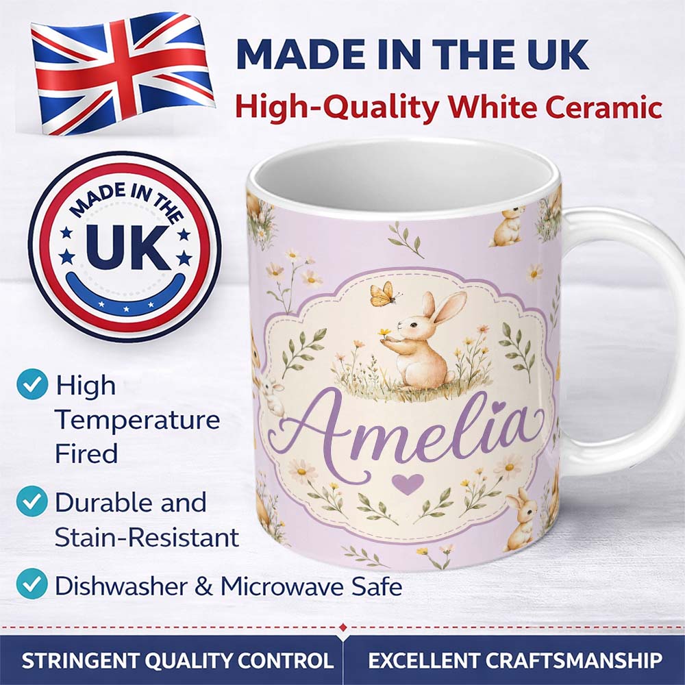 Personalized Custom Name Watercolor Bunny Butterfly Floral Meadow Pale Lilac Pattern Name 11oz Ceramic Coffee Tea Mug White Large Handle