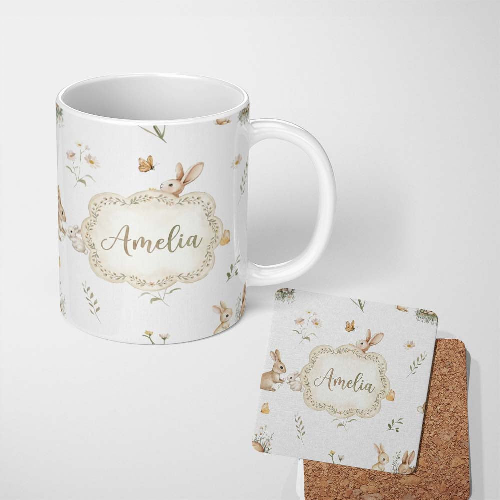 Personalized Custom Name Watercolor Bunny Butterfly Floral Meadow Neutral Tone Pattern Name 11oz Ceramic Coffee Tea Mug White Large Handle