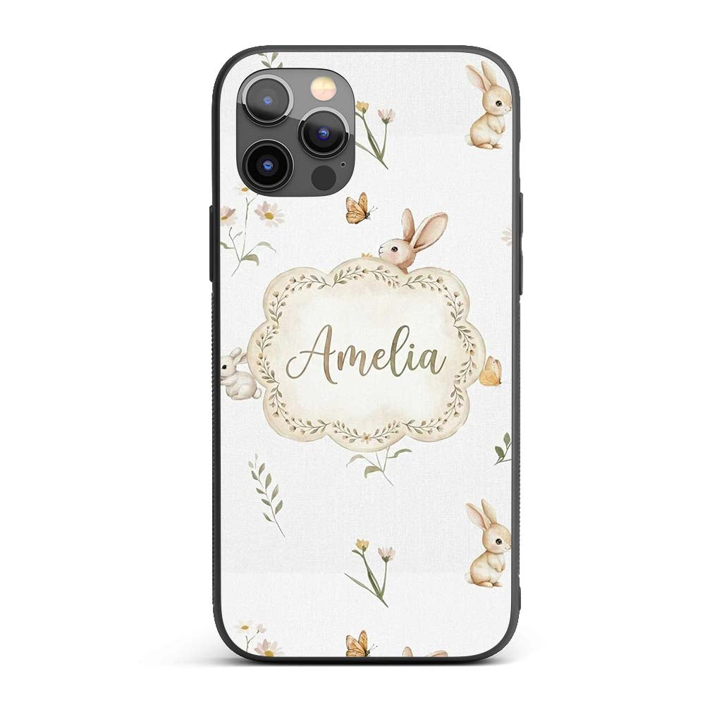 Watercolor Bunny Butterfly Floral Meadow Neutral Custom Name Protective Phone Case Mobile Cover Durable Everyday Smartphone Shock Resistant