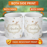 Personalized Custom Name Watercolor Bunny Butterfly Floral Meadow Neutral Tone Pattern Name 11oz Ceramic Coffee Tea Mug White Large Handle