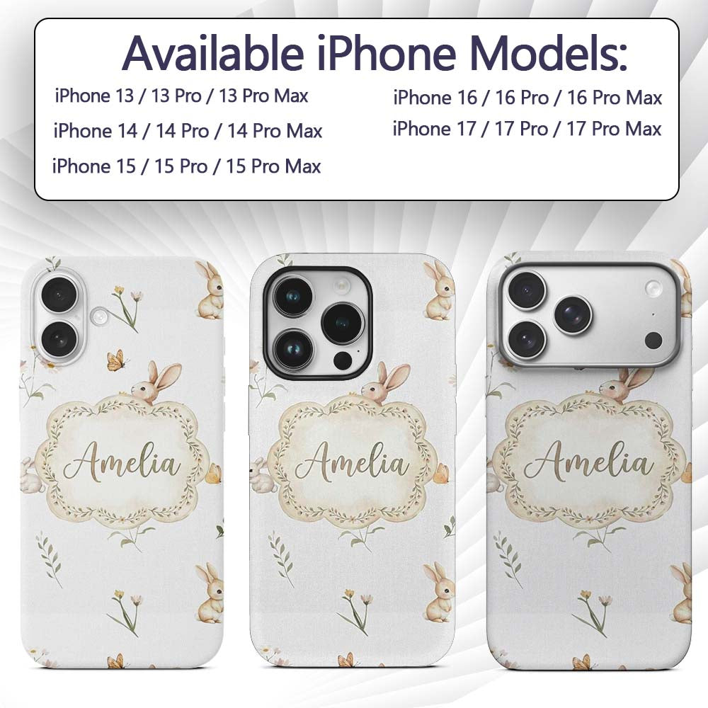 Watercolor Bunny Butterfly Floral Meadow Neutral Custom Name Protective Phone Case Mobile Cover Durable Everyday Smartphone Shock Resistant