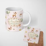 Personalized Custom Name Cute Woodland Deer Fox Squirrel Mushroom Forest Pattern Name Unique 11oz Ceramic Coffee Tea Mug White Large Handle