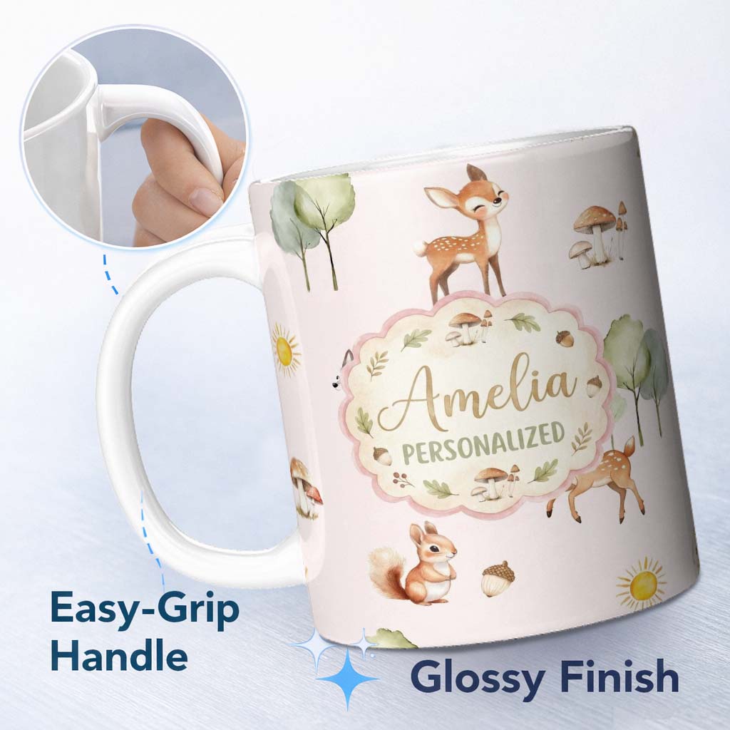 Personalized Custom Name Cute Woodland Deer Fox Squirrel Mushroom Forest Pattern Name Unique 11oz Ceramic Coffee Tea Mug White Large Handle
